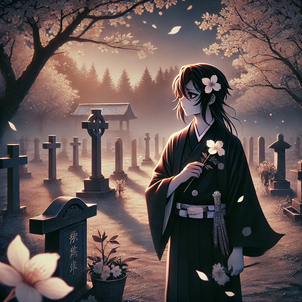 A digital painting in a style reminiscent of anime or manga depicts a young person, seemingly female, with long dark brown hair adorned with white flowers, standing in a graveyard at dusk.  She is dressed in a dark-colored, traditional Japanese-style kimono or hakama, featuring a dark obi (sash) with lighter-colored detailing. She holds a single white flower in her hands, appearing somber and possibly mourning.  The graveyard is filled with numerous dark-grey headstones and crosses, including a prominent Celtic cross.  A small, traditional Japanese-style structure is visible in the background.  Pale pink cherry blossoms are falling from the trees, creating a soft, ethereal atmosphere. The background features a softly lit forest and the overall color palette is muted and melancholic, focusing on shades of dark grey, brown, and pale pink. The scene evokes a feeling of quiet sadness and remembrance.