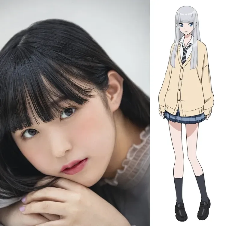 A split image showing a live-action photo of a young woman on the left and an anime-style illustration of a female character on the right.  The live-action photo depicts a young woman with long, straight black hair with blunt bangs that fall just above her eyes. She has fair skin and is wearing a light grey, ruffled-collar top. Her hands are gently resting on her chin, and she gazes directly at the camera with a soft, neutral expression.  The anime character on the right is depicted in a similar style, with long straight silver hair parted in the middle. She's wearing a light beige cardigan over a dark blue and grey plaid mini-skirt, a dark tie, and dark socks and shoes. The anime style is clean and modern, with minimal shading and a focus on clear lines. The background behind the live-action photo is a simple, out-of-focus light grey, while the anime character is set against a plain white background. The image likely shows a voice actress alongside the character she voices in an anime.
