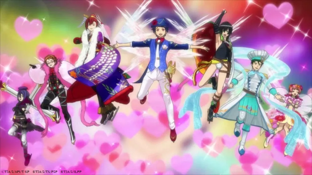 A vibrant anime-style illustration depicts a group of seven characters, seemingly male,  floating mid-air against a backdrop of swirling pink hearts and sparkles. The central figure, a young man with short dark hair and a cheerful expression, wears a bright blue jacket over a white shirt and pants, accented with gold detailing.  He has a blue hat and red shoes, and his arms are outstretched as if in a joyful, dynamic pose, surrounded by shimmering, crystal-like wings. Surrounding him are six additional characters each with distinct appearances and costumes. These range from elaborate kimono-like robes, to more modern, stylized outfits. One character sports a chef's hat and teal-colored attire, while another has a dark outfit reminiscent of a ninja.  Another wears a lavish, white and purple robe with a fluffy white collar. The characters appear to be involved in some sort of performance or celebration, possibly a musical act, given the energetic poses and the celebratory atmosphere.  The overall style is highly stylized, characterized by bright colors, exaggerated expressions, and a focus on movement and energy. The style is reminiscent of a music video or promotional art for an anime series focused on musical idols or a similar theme.