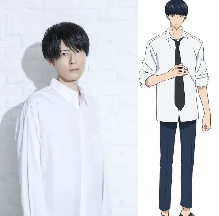 A split image showing a live-action photograph of a young man on the left and an anime-style illustration of a male character on the right. The live-action photo depicts a man with short, dark hair, wearing a loose-fitting, long-sleeved white button-down shirt. He has a serious expression and appears to be standing against a white brick wall background.  The anime illustration shows a character with similar dark hair, styled in a slightly more structured manner. This character is dressed in a crisp white long-sleeved button-down shirt, a dark-colored tie, and dark-colored trousers.  He stands with his hands clasped near his chest and looks straight ahead with a neutral expression. The artistic style of the anime character is clean and modern with distinct outlines. The overall image likely represents a comparison between the live-action actor and his anime character counterpart.