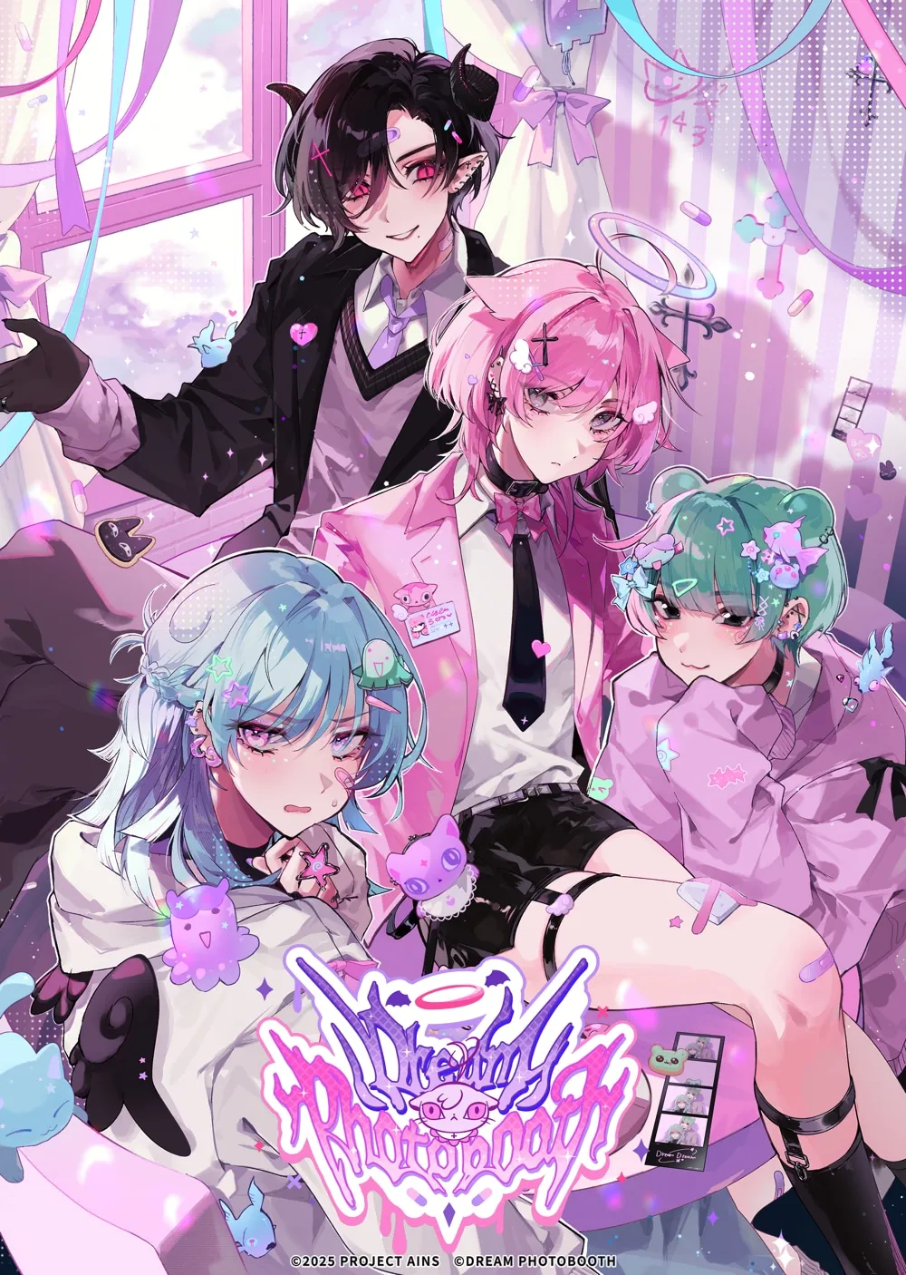 A vibrant illustration in a pastel anime style depicts four stylized characters, possibly representing a band or group. The central focus is a group of three anime-style characters with pastel-colored hair and clothing, styled in a playful and slightly gothic aesthetic.  One character, with short, dark hair and small horns, wears a black blazer over a purple vest and white shirt, accessorized with a dark tie.  They have red eyes and a slightly mischievous expression. To their right is a pink-haired character with cat ears in a pink blazer and black tie, appearing somewhat shy.  To the left and slightly lower is a character with light blue hair, wearing a pale purple hoodie with various cartoonish patches and accessories, and appearing more melancholic. Finally, in the foreground, partially obscuring the lower part of the previous characters, a character with mint green hair wearing lavender clothing sits with their legs visible, adorned with various accessories and band-aids. They also wear black garters and boots.

The background features a bright pink and purple room with a window showing a soft, cloudy sky, ribbons and various decorative elements.  The title "Dreamy Photography" is prominently displayed in a stylized, dripping font in the center, below the characters. The artwork is finished with many small stars and hearts scattered throughout, enhancing its whimsical atmosphere.  The overall style suggests a promotional artwork for a project, possibly related to a band or anime. Copyright information reading "©2025 PROJECT AINS ©DREAM PHOTOBOOTH" is visible at the bottom.