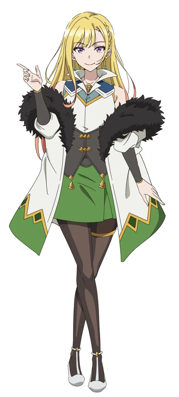 A full-body illustration of a young woman, styled in the anime genre, with long flowing blonde hair, parted in the middle and styled with braids. She has striking purple eyes and a gentle smile. She is gesturing with her left hand, pointing to the viewer's left. She wears a white, long-sleeved coat with green accents and a dark fur collar. Underneath, she sports a dark gray corset-like top over a short, vibrant green skirt. Her stockings are dark brown and she wears light-colored shoes with gold accents. A gold necklace and dangling earrings complete her outfit. The background is pure white, putting all focus on the character
